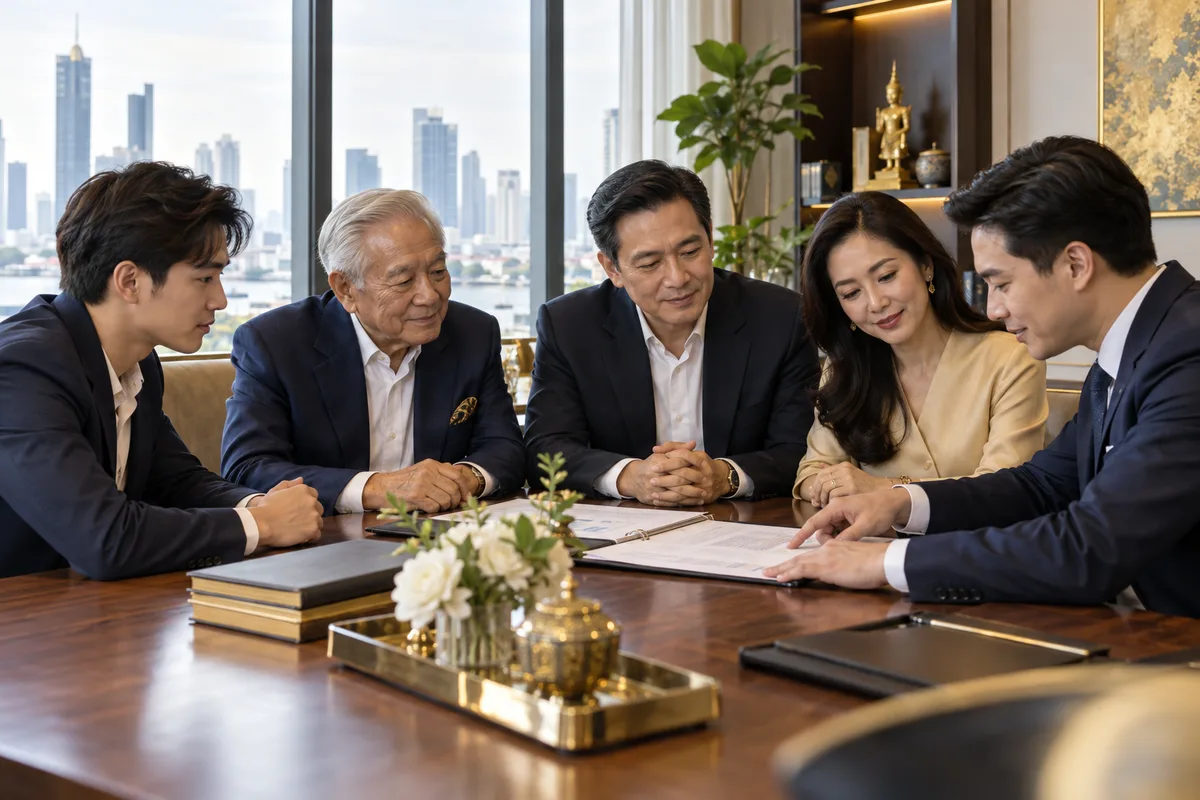 ครอบครัวเจ้าของธุรกิจสามรุ่นประชุมวางแผนส่งต่อกิจการร่วมกับทนายความ
